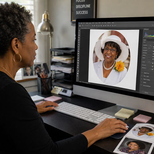 woman at computer editing a ceramic tombstone picture