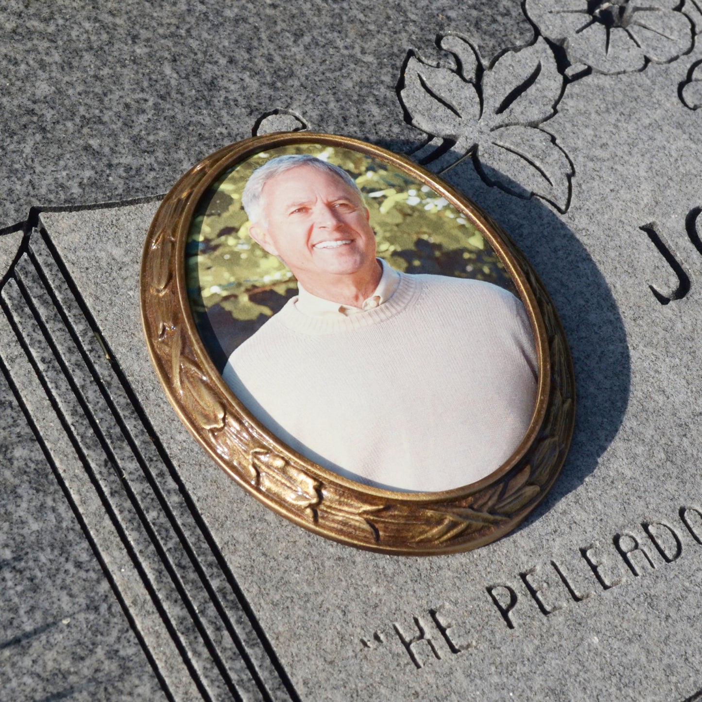 Waterproof Frame for Cemetery. Man in ceramic oval bronze frame for headstone.