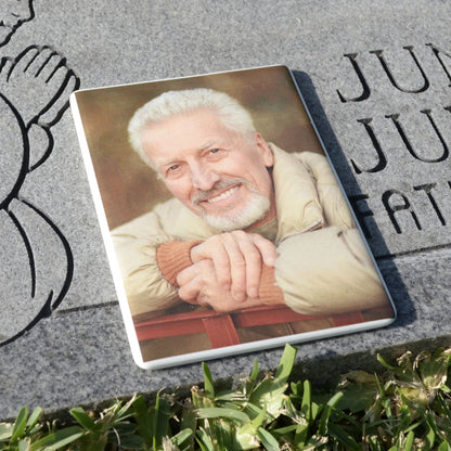 Rectangle ceramic picture for headstone with man on a flat grave marker. Rectangular porcelain memorial plaque with man. Pictures for headstones.