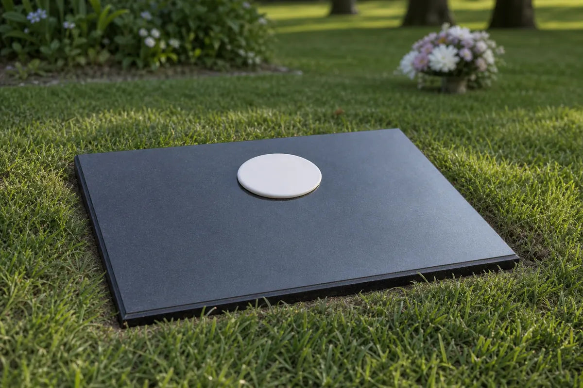 Illustration of a round photo plaque placed near the top edge of a flat granite grave marker set in grass