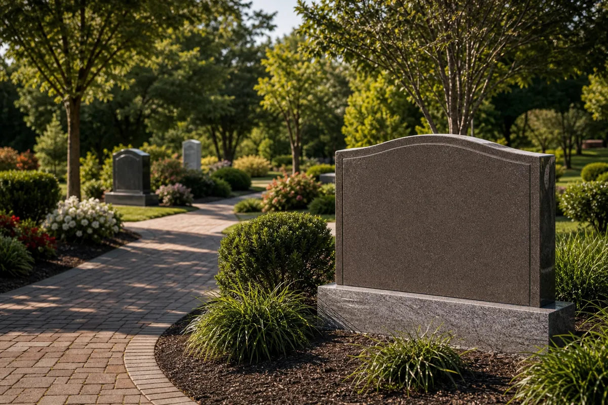 Illustration of a blank upright granite headstone beside a paved path in a landscaped cemetery