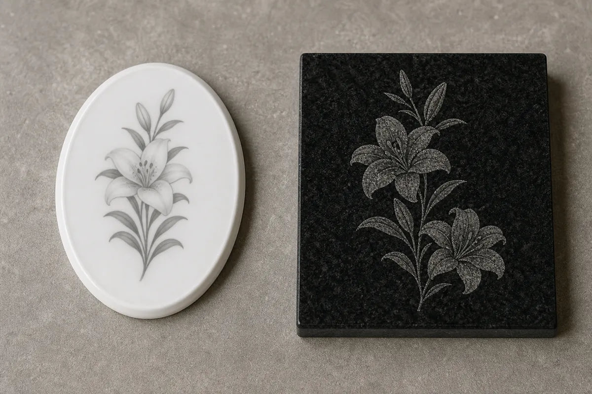 Illustration comparing a white oval ceramic plaque printed with a lily and a black granite tile with an etched lily