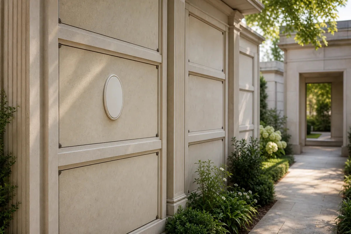 Illustration of a blank oval plaque on a cream stone crypt front along a mausoleum walkway
