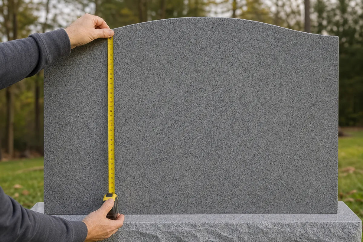 Illustration of hands measuring a blank gray granite headstone with a yellow tape measure
