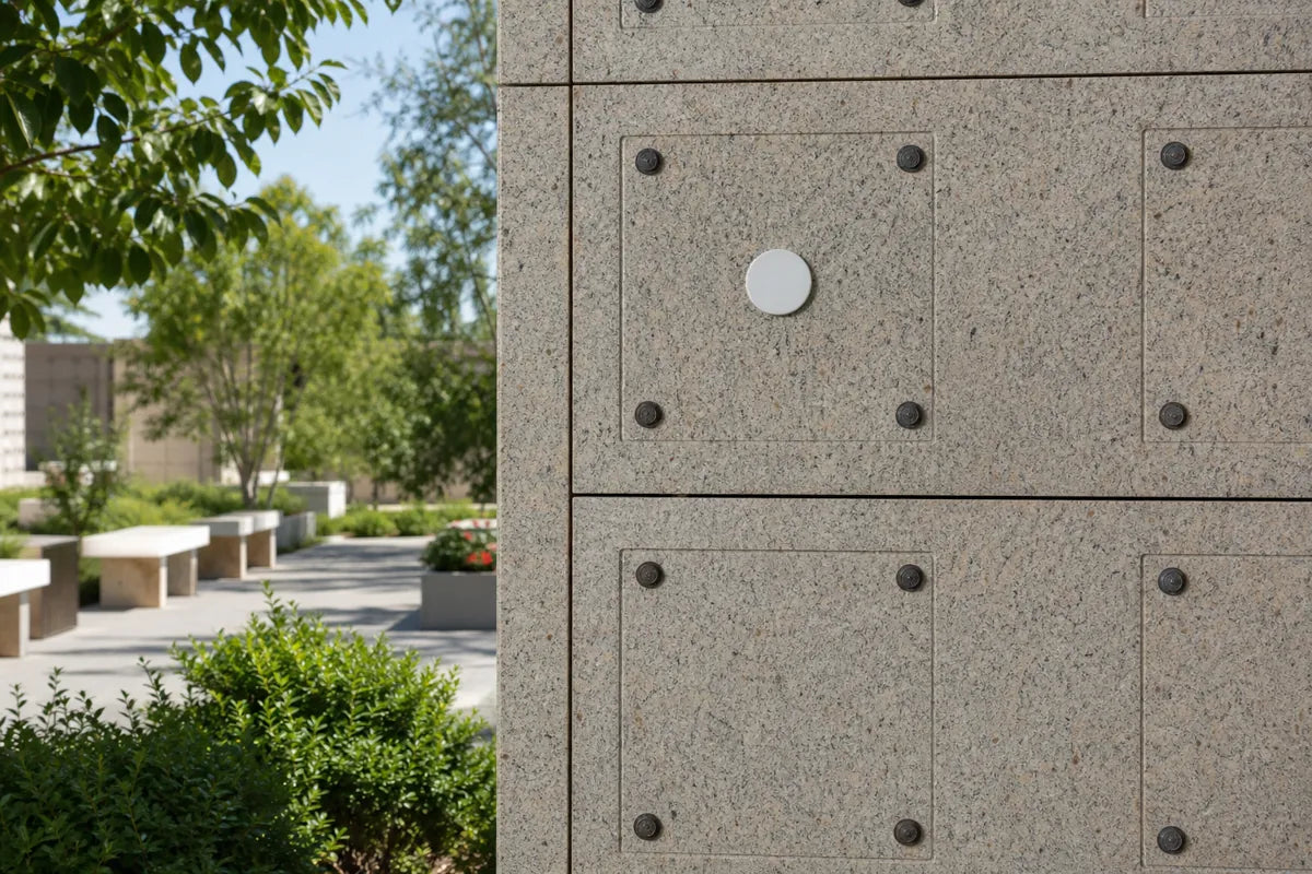 Illustration of a small round plaque on a granite columbarium niche front
