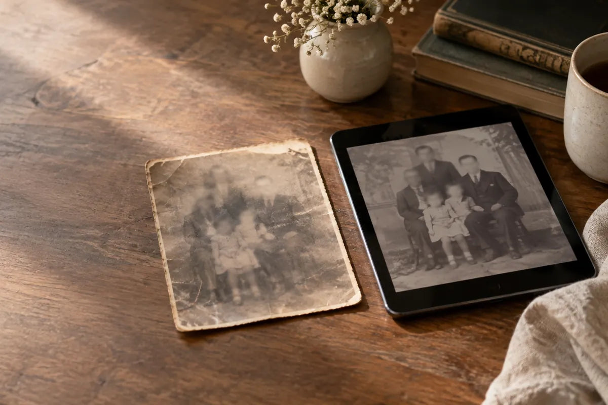 Illustration of a faded vintage family photograph beside a tablet showing a clearer digital copy