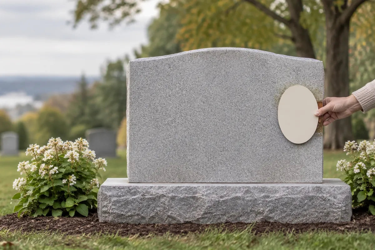 Illustration of a hand positioning a blank oval plaque on a light gray upright headstone in a cemetery