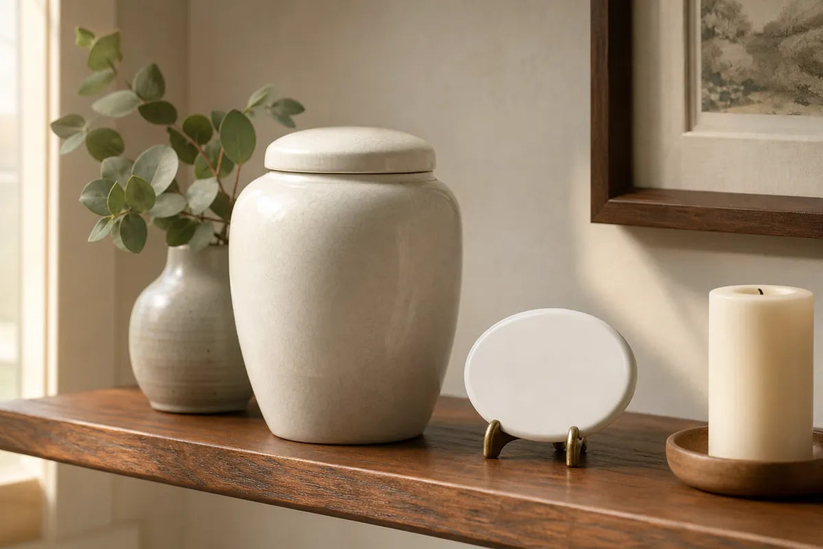 Illustration of a cream ceramic urn on a wooden shelf beside a separate oval plaque on a small stand