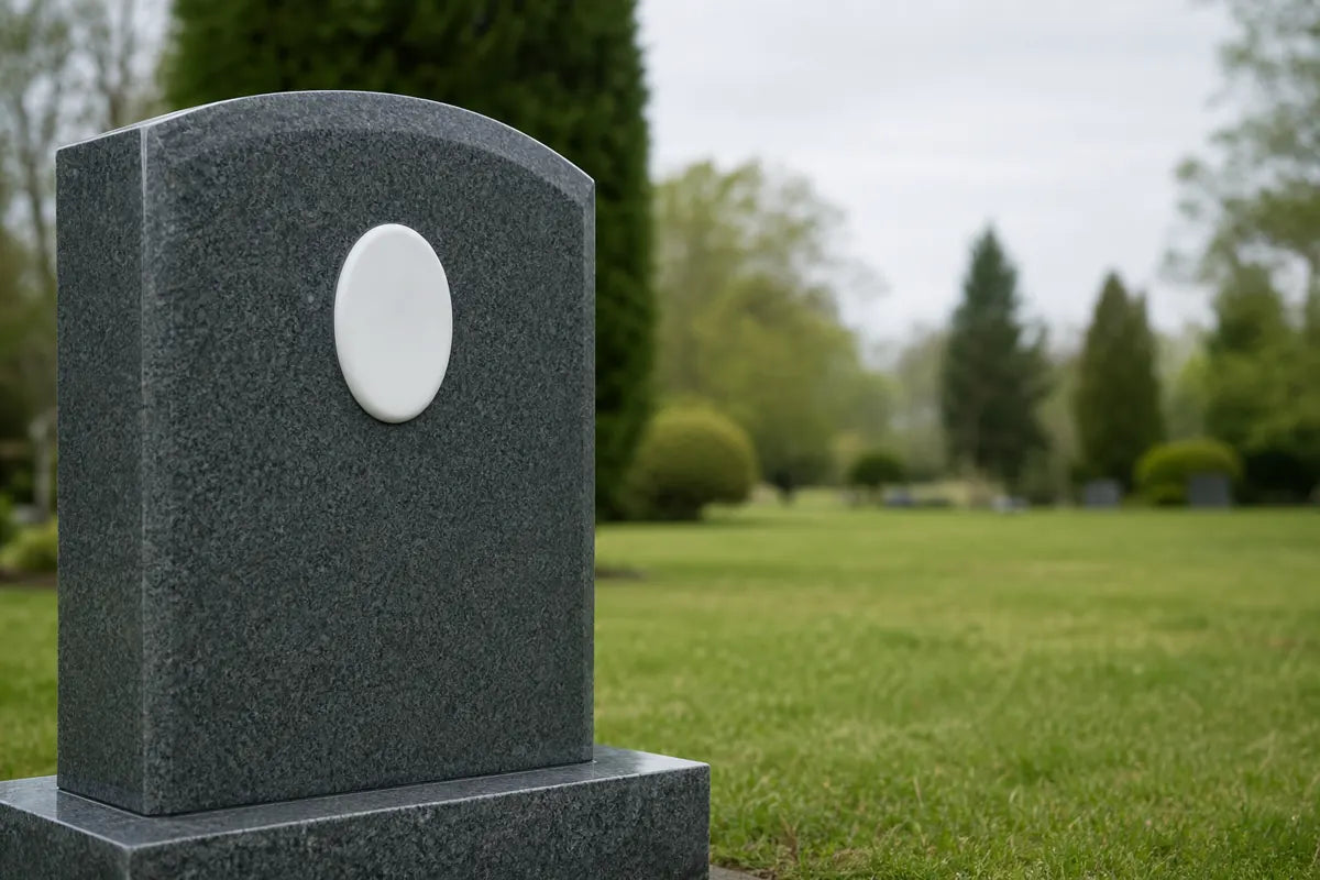 Illustration of an oval photo plaque placed in the upper portion of a gray granite upright headstone